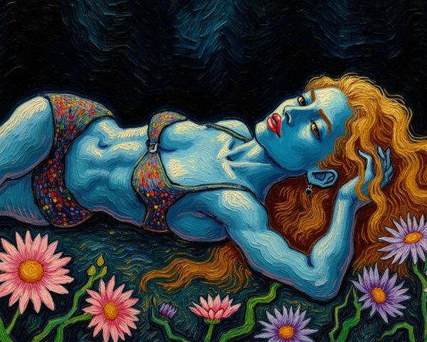 Surreal Blue-Skinned Figure Among Pink Water Lilies