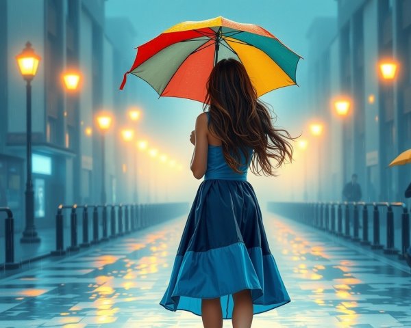 Woman with Umbrella on Misty Rainy Street