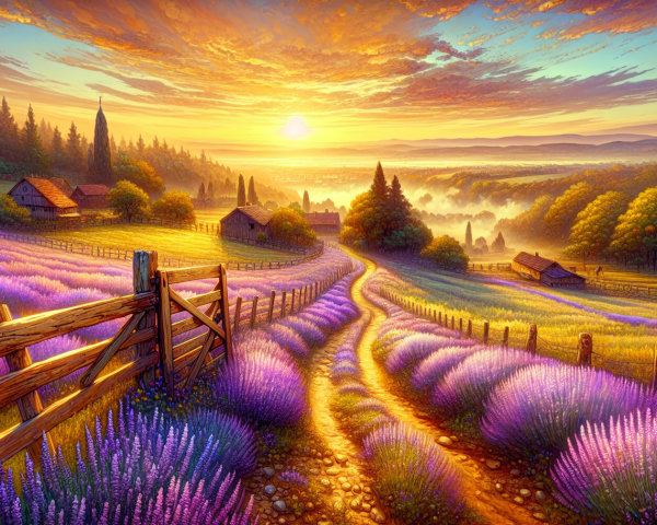 Vibrant Lavender Fields at Sunrise with Cottages
