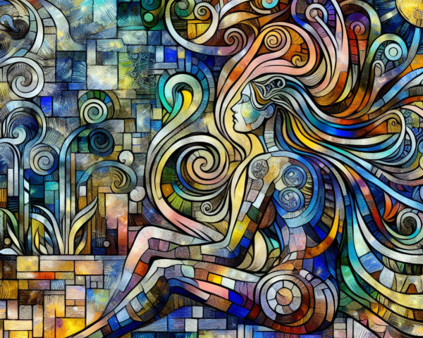 Stylized Woman in Vibrant Abstract Patterns and Shapes