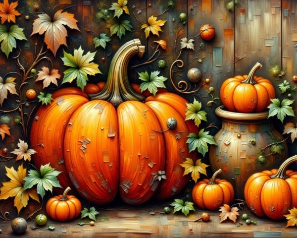 Vibrant Autumn Scene with Pumpkins and Leaves