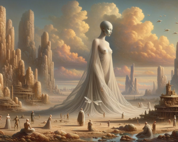 Surreal Landscape with Towering Figure and Aircraft