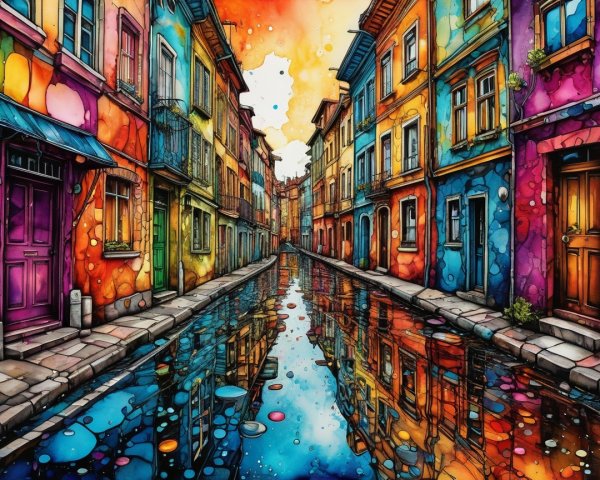 Vibrant Alleyway with Colorful Houses and Canal