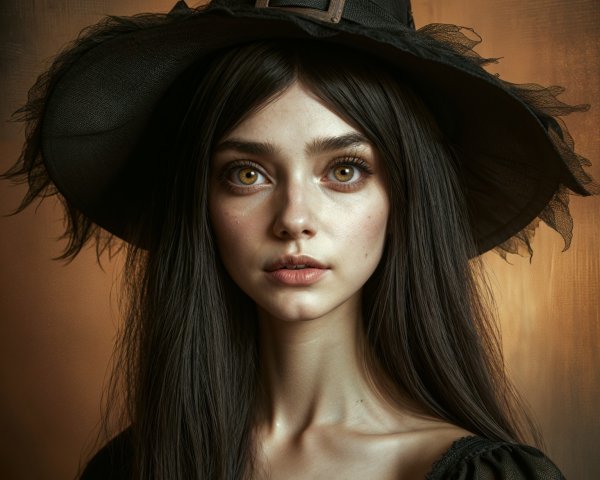 Young Woman in Black Witch's Hat with Sheer Veil