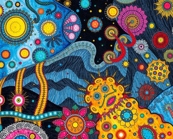 Vibrant Whimsical Landscape with Abstract Elements