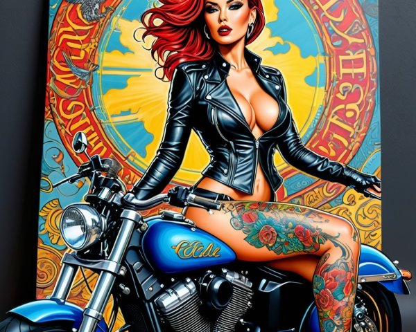 Illustration of a Confident Woman on a Blue Motorcycle