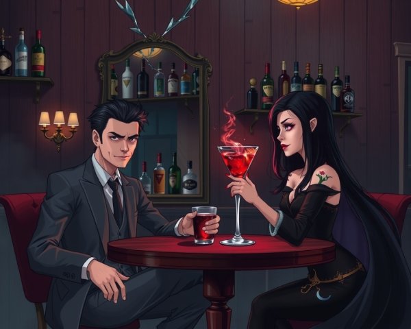 Vintage Bar Scene with Suave Man and Gothic Woman