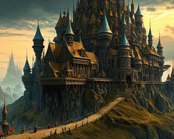 Fantasy Landscape with Castle on Mountain Peak