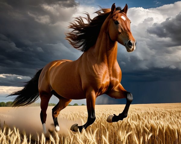Brown Horse Galloping in Golden Wheat Field