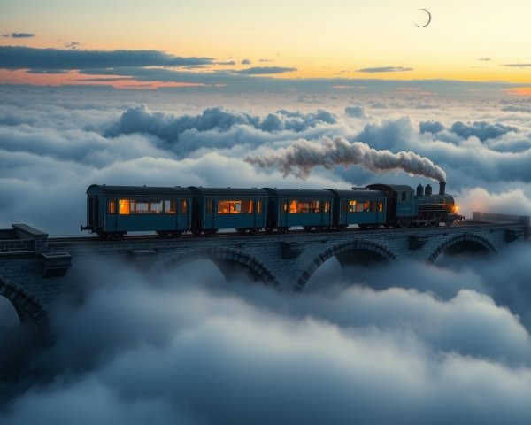 Vintage Steam Train Crossing a Stone Viaduct at Twilight