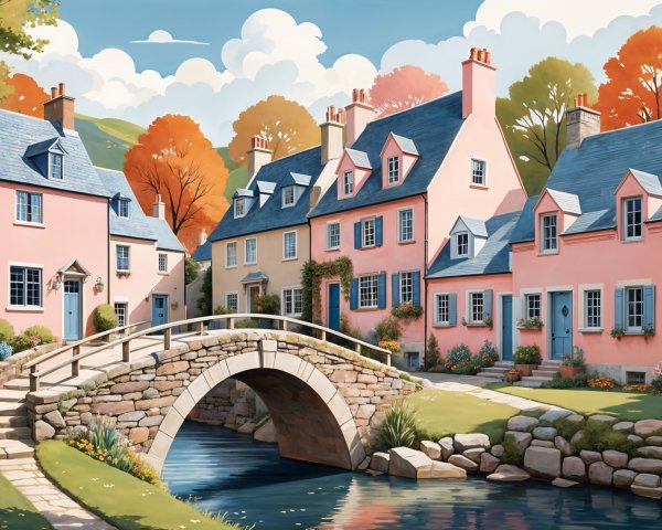 Pastel Houses and Stone Bridge in a Village Scene