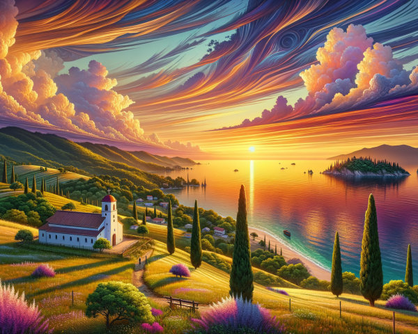 Vibrant Sunset Landscape with Chapel and Sea