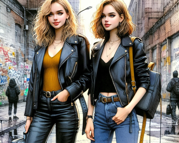 Young Women in Urban Fashion with Graffiti Backdrop