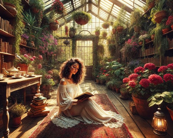 Sunlit Greenhouse with Flowers and Reading Woman