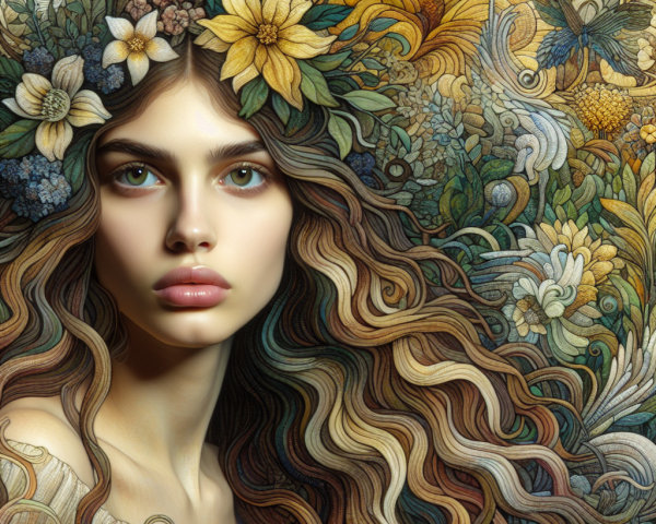 Portrait of a woman with floral hair and vibrant background