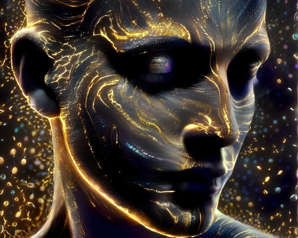 Close-up of a female figure with glowing cosmic designs