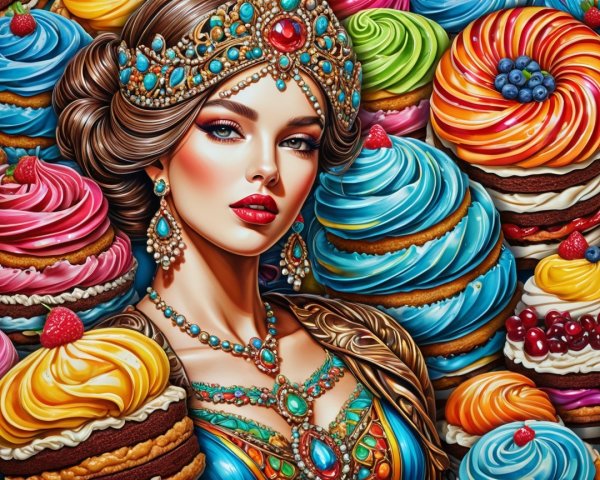 Regal Woman Surrounded by Colorful Desserts