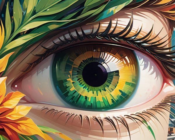 Close-up of a detailed eye with nature and skyline elements
