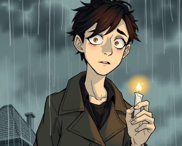 Young person with candle in rain outside dark house