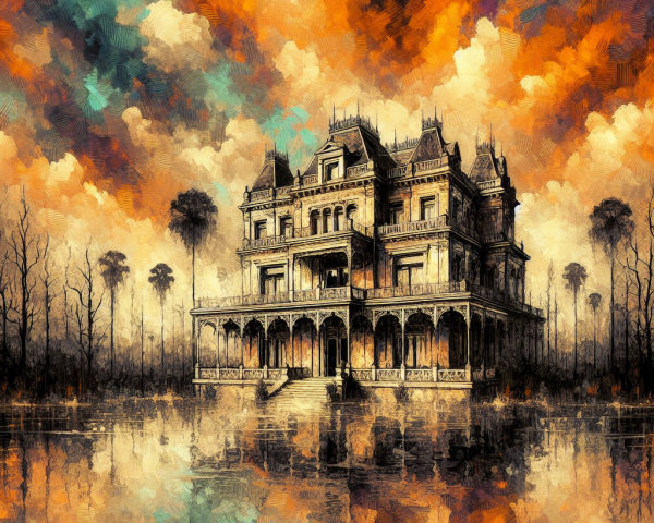 Grand Mansion with Dramatic Cloud Reflections