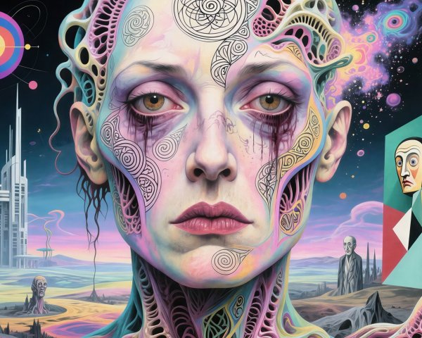 Surreal Digital Painting of a Sad Woman's Face