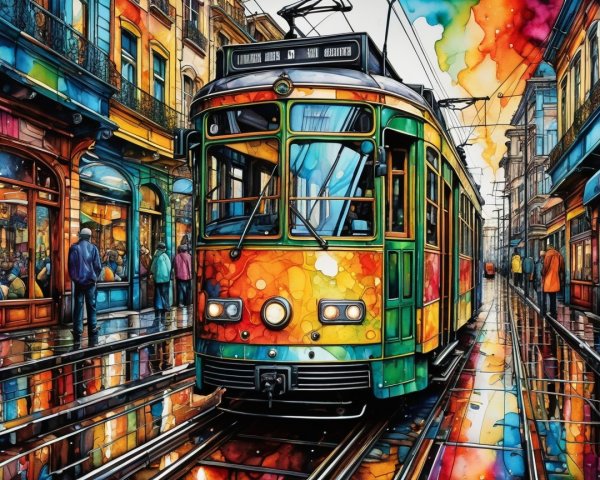 Vibrant Urban Street Scene with Colorful Tram and Reflections