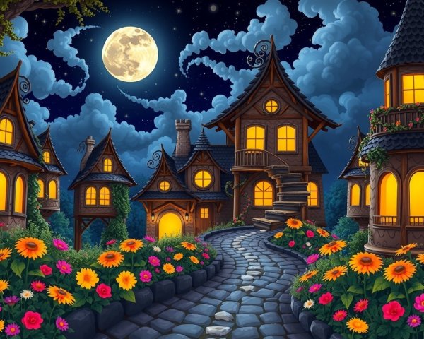 Whimsical Nighttime Village with Unique Houses and Gardens