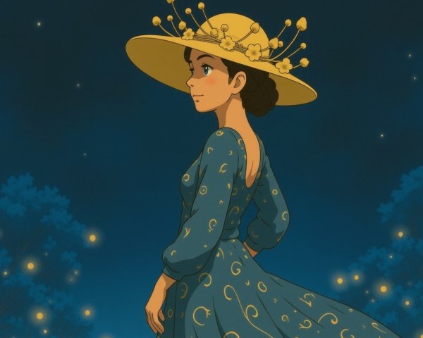 Young Woman in Blue Dress Under Starry Sky