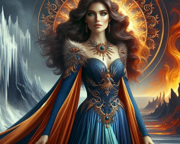 Majestic figure in blue gown with radiant sunburst backdrop