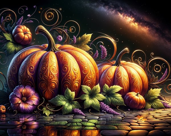Intricately Designed Pumpkins in a Cosmic Scene
