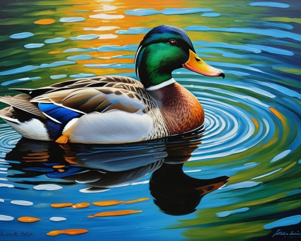 Vibrant Painting of a Mallard Duck on Water