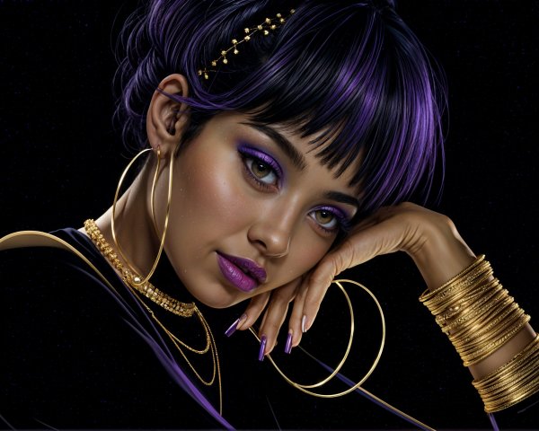 Portrait of a woman with bold makeup and accessories