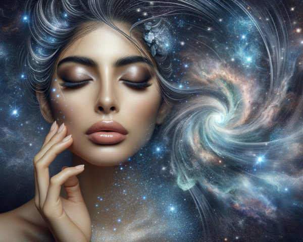 Serene Woman in Cosmic Setting with Swirling Galaxies