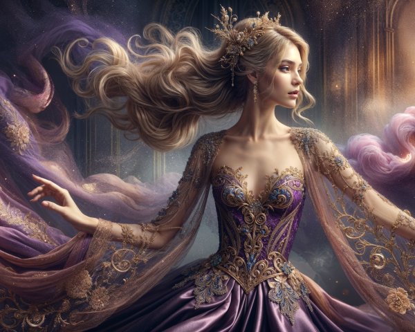 Elegant Woman in Purple Dress with Floral Accents