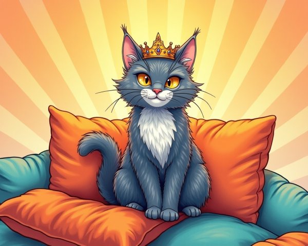 Regal gray cat with orange eyes atop colorful cushions