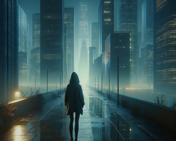 Solitary Figure on Reflective Pathway in Futuristic City