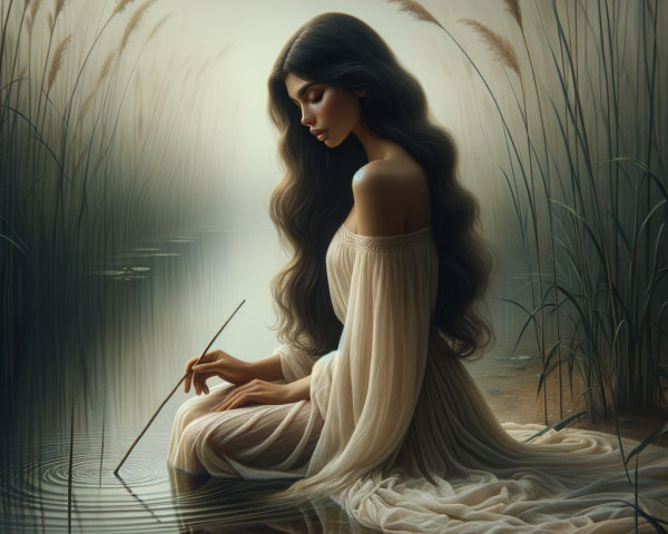 Young Woman by Water in Sheer White Gown
