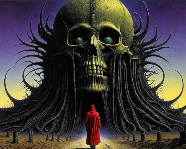 Surreal landscape with a glowing skull and cloaked figure