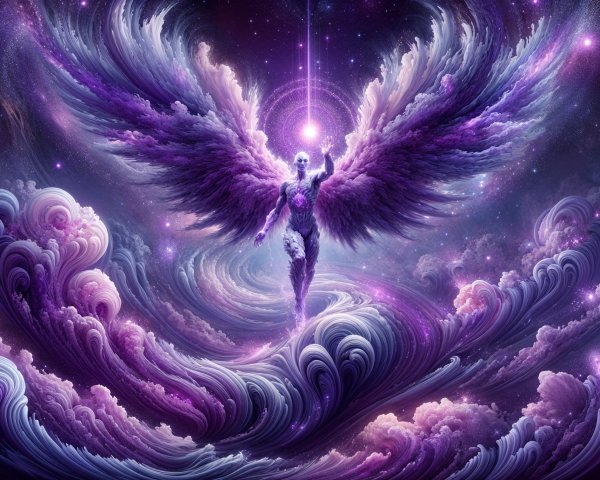 Celestial Being with Wings Above Vibrant Clouds