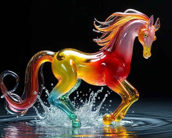 Vibrant Glass Sculpture of Galloping Horse in Water
