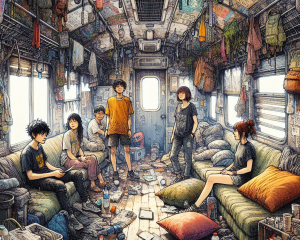 Young People Relaxing in a Cluttered Train Car