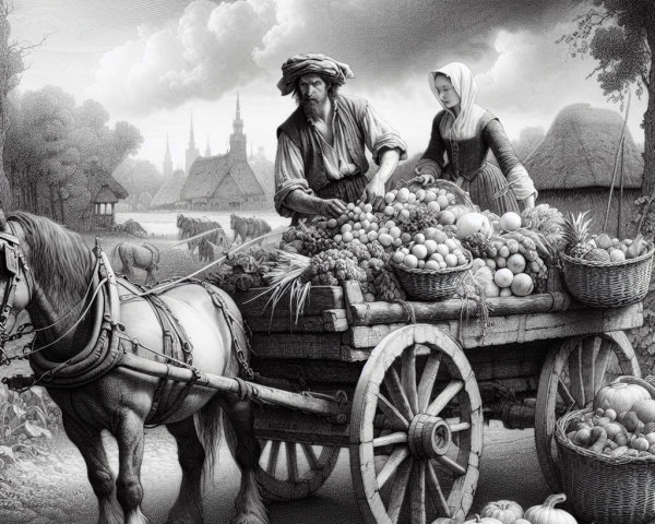 Pastoral Scene of Fruit Gathering in Monochrome