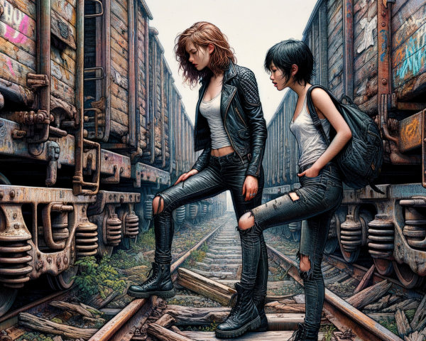 Young women on train tracks with graffiti and foliage