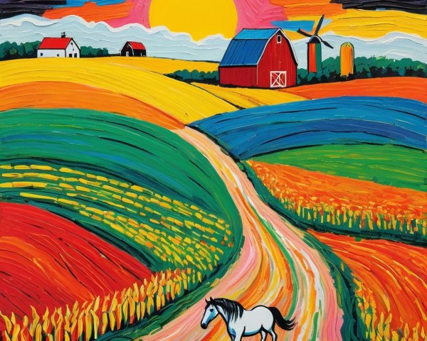Vibrant Rural Landscape with Sunset and Rolling Hills