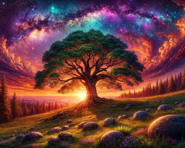 Majestic Tree at Sunset in Vibrant Landscape