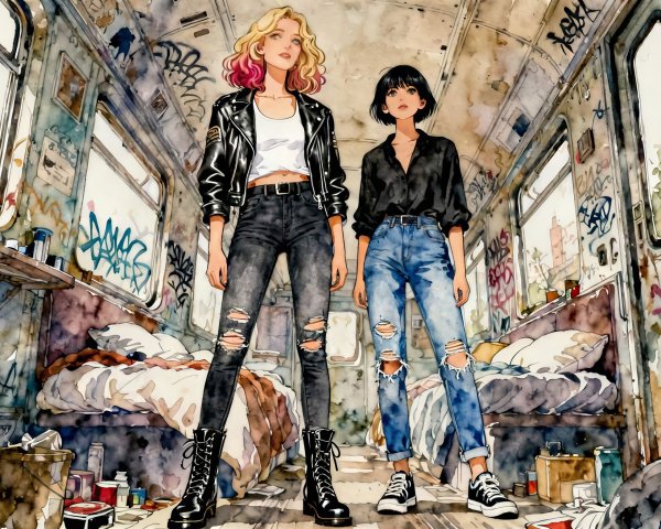 Anime-style women in a graffiti-covered train car