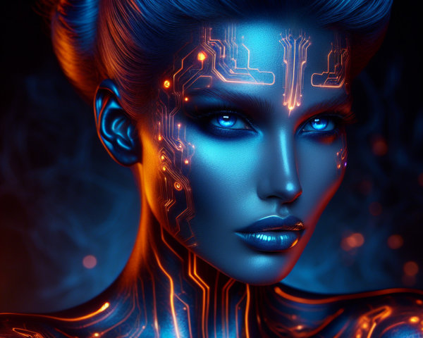 Futuristic Portrait with Metallic Blue Skin and Circuits