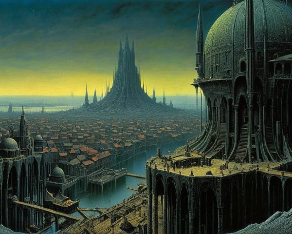 Surreal Twilight Cityscape with Intricate Structures