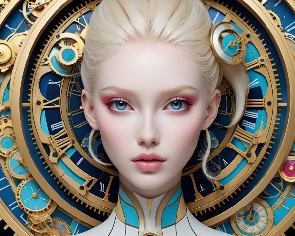 Futuristic Portrait of Woman with Clockwork Background