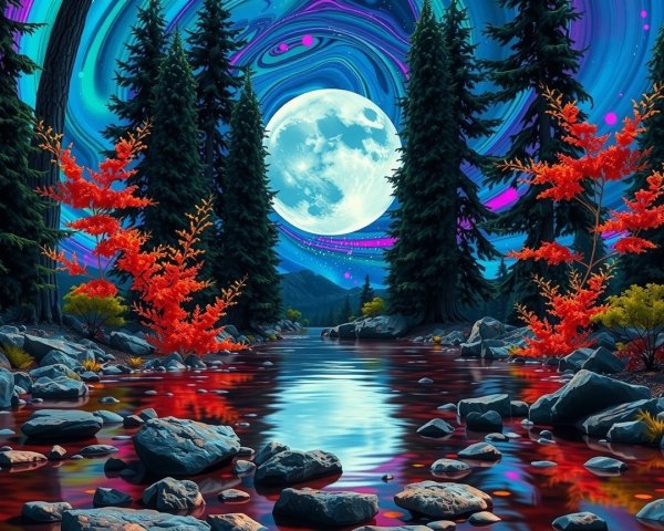 Tranquil River in Vibrant Landscape Under Full Moon